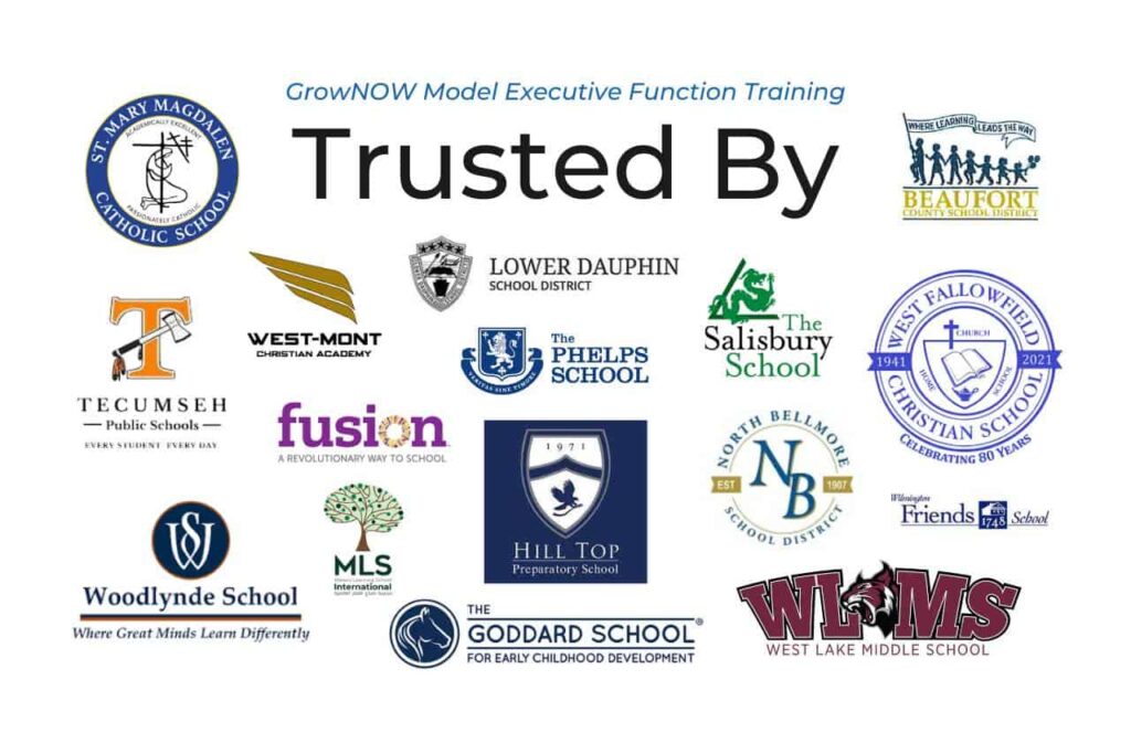 grownow model executive function training is trusted by these schools multiple school logos